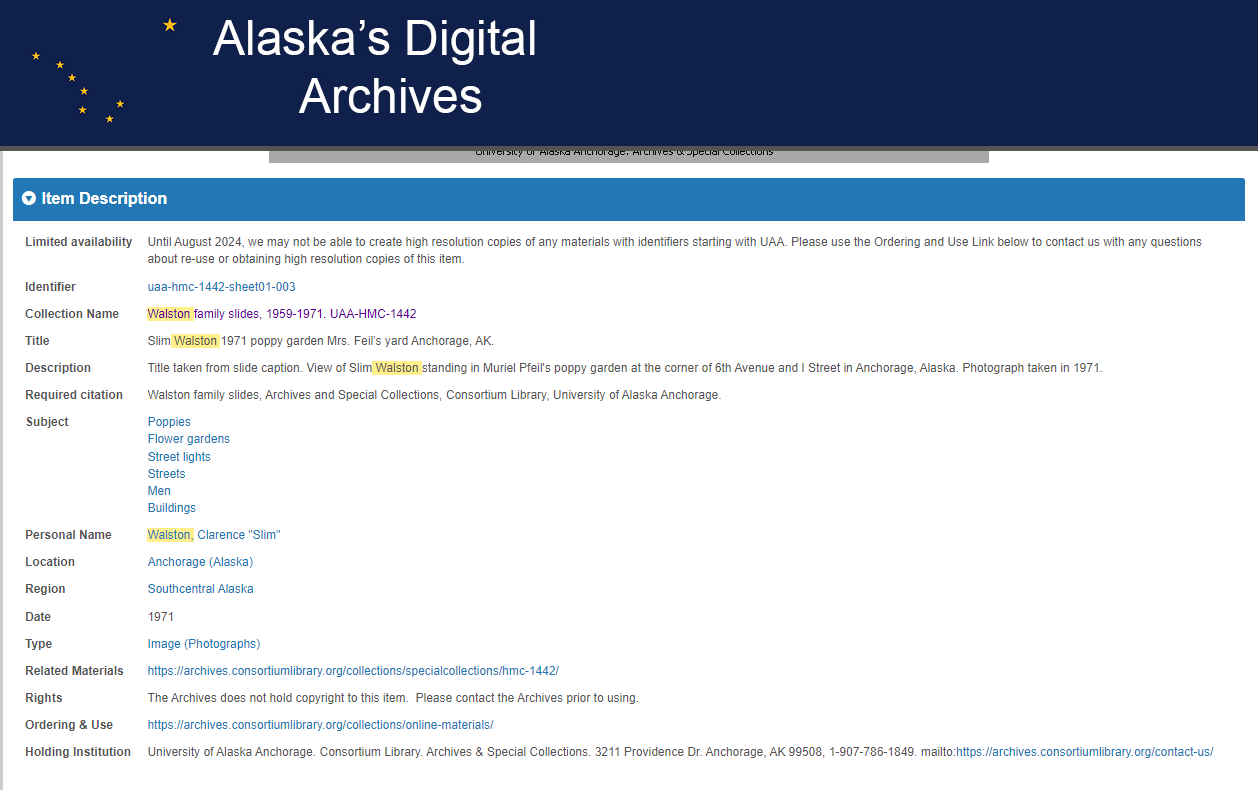 A screenshot of the metadata fields on Alaska's Digital Archives.